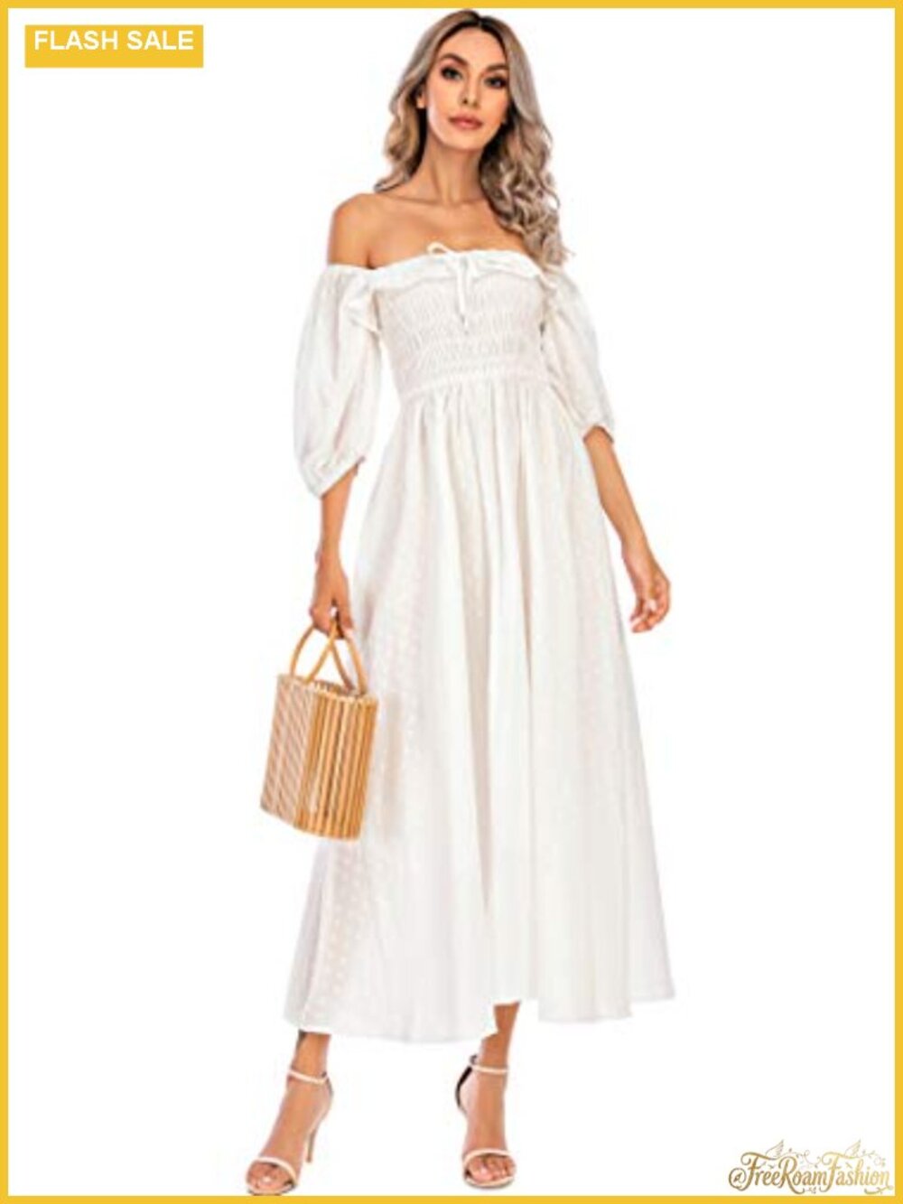 Womens Cotton A Line Flowy Midi Dress Square Neck Puff Sleeve